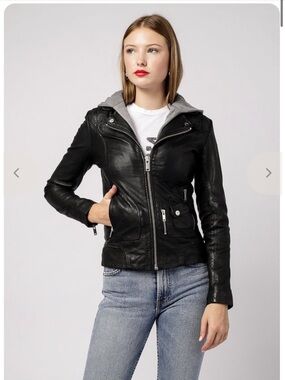 Doma Black Leather Jacket with Gray Hood and Gold Hardware